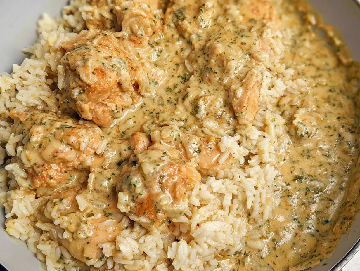 A close-up view of tender chicken pieces smothered in a rich, creamy sauce with herbs served over white rice in a skillet, showcasing the Creamy Chicken and Rice Skillet.