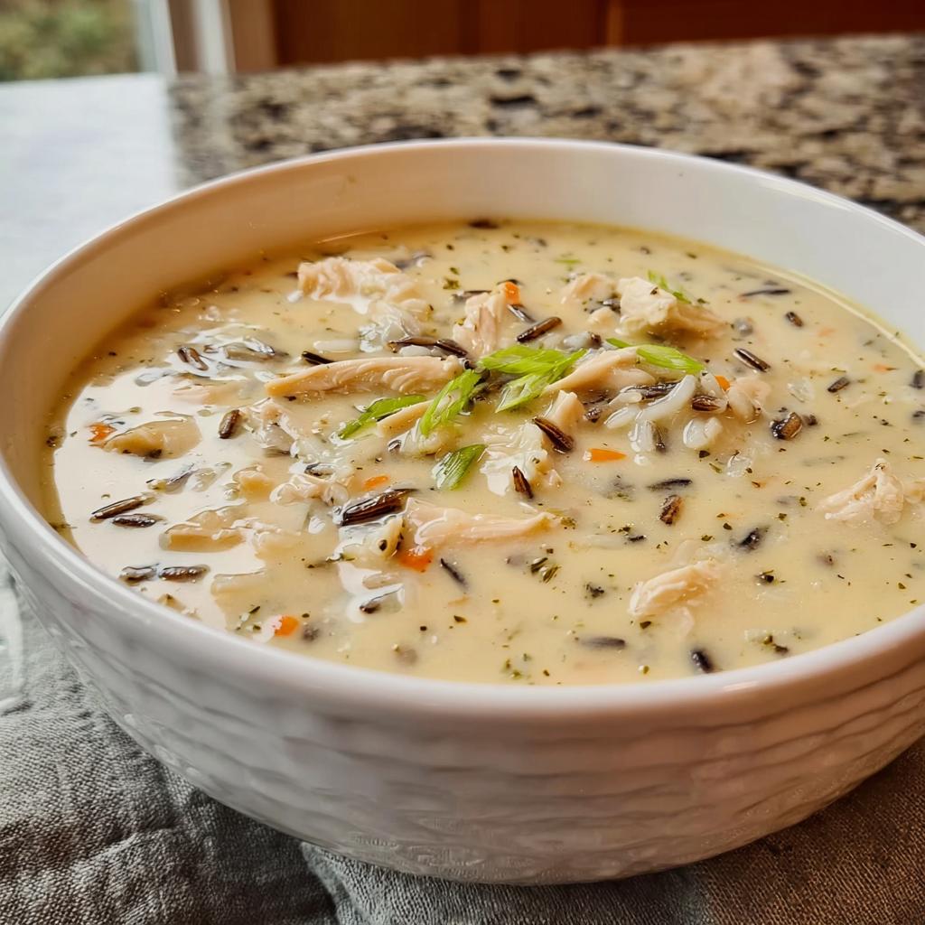 A close-up of a bowl of rich, creamy chicken and wild rice soup garnished with green onions.