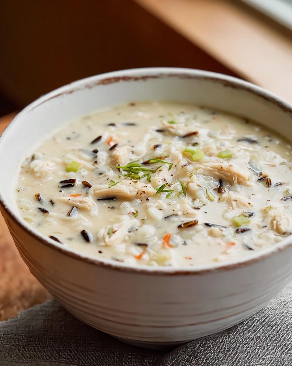 A close-up of a hearty bowl of Creamy Chicken and Wild Rice Soup, featuring shredded chicken and dark wild rice.