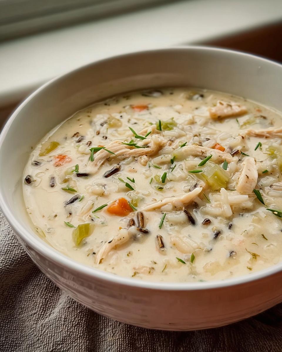 Close-up of a white bowl filled with rich Creamy Chicken and Wild Rice Soup, garnished with chives.