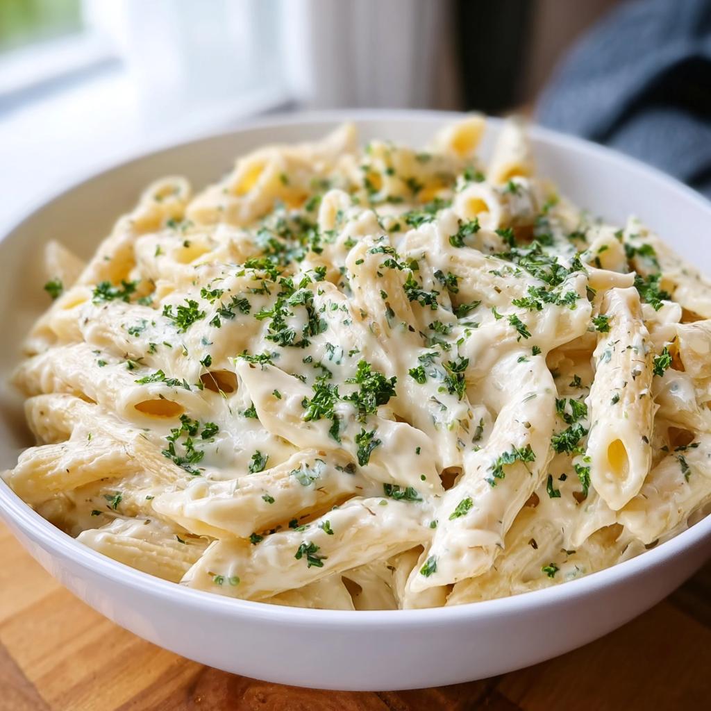 A close-up of a white bowl filled with rich Creamy Garlic Penne Pasta, topped generously with fresh chopped parsley.