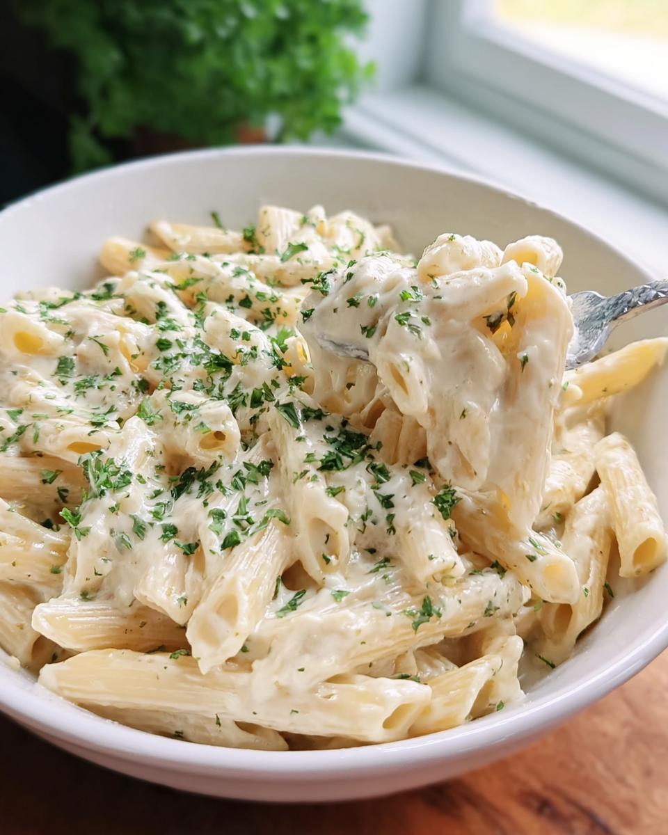 A fork lifting a bite of rich Creamy Garlic Penne Pasta coated in white sauce and topped with fresh parsley.