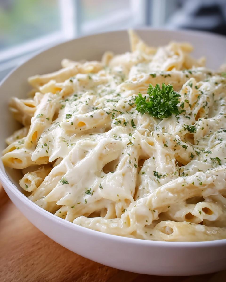 Close-up of a white bowl filled with rich Creamy Garlic Penne Pasta, topped with grated cheese and fresh parsley.