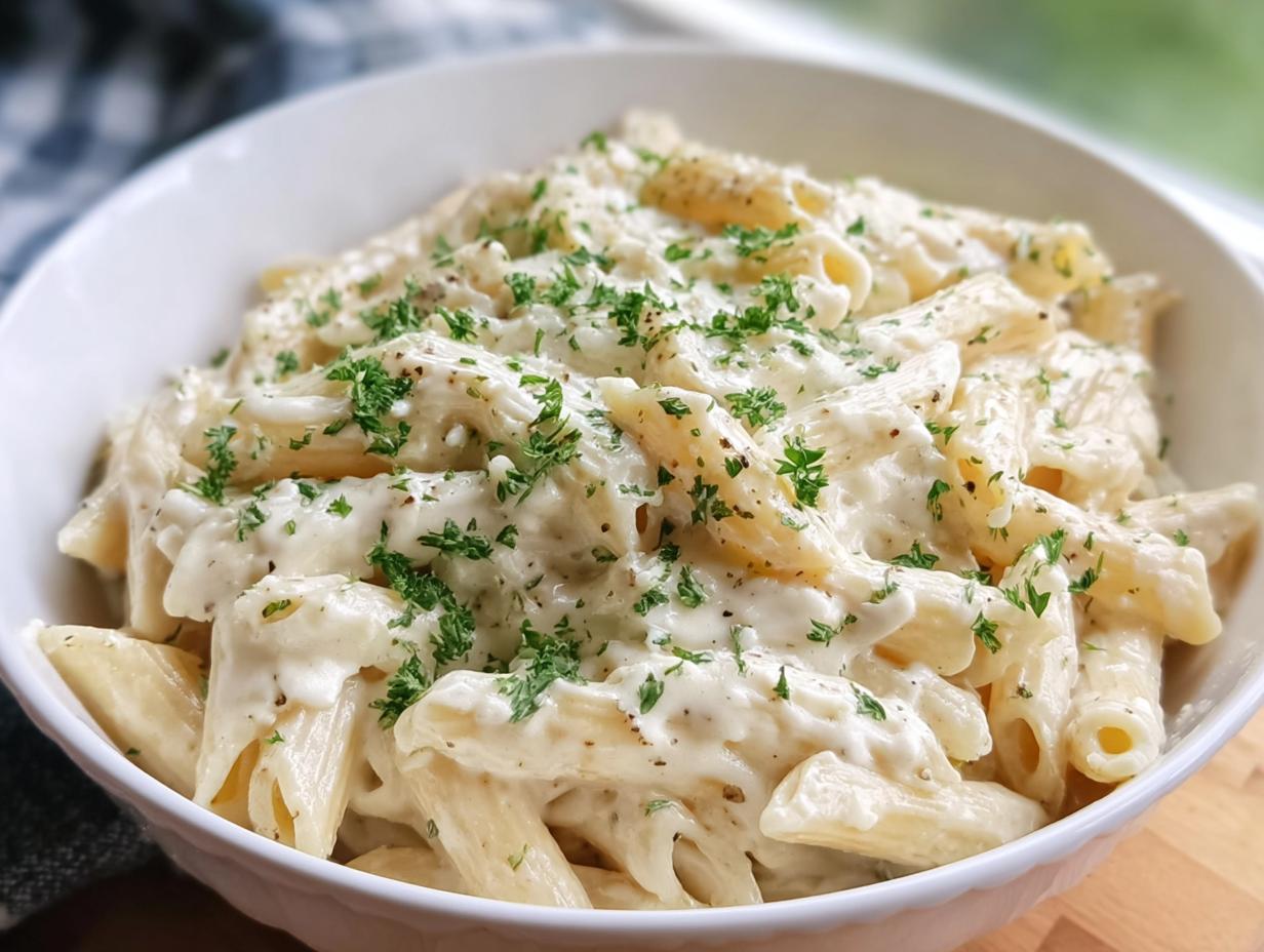 Close-up of a white bowl filled with rich Creamy Garlic Penne Pasta, topped with fresh parsley.