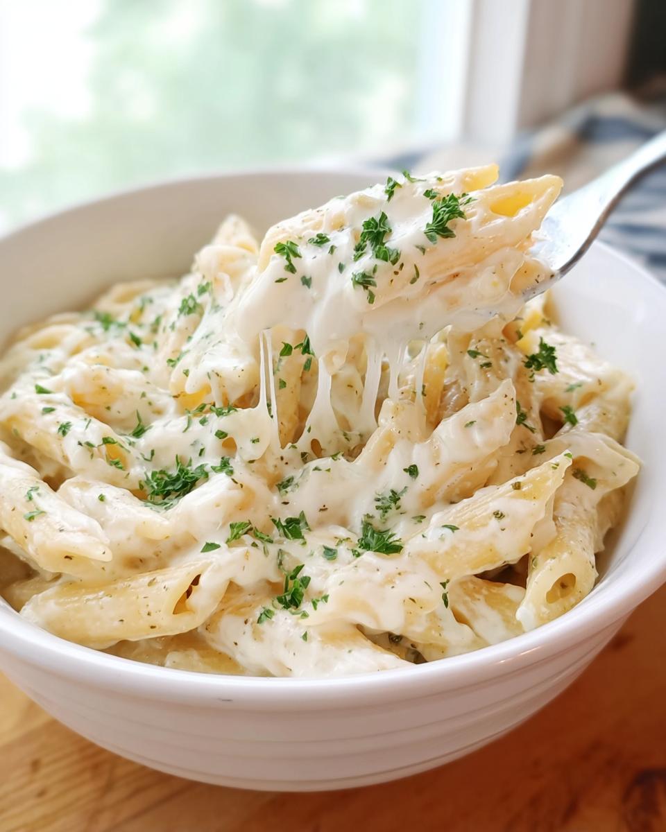 A fork lifts penne pasta coated in rich sauce, showing cheese pulls from the bowl of Creamy Garlic Penne Pasta.