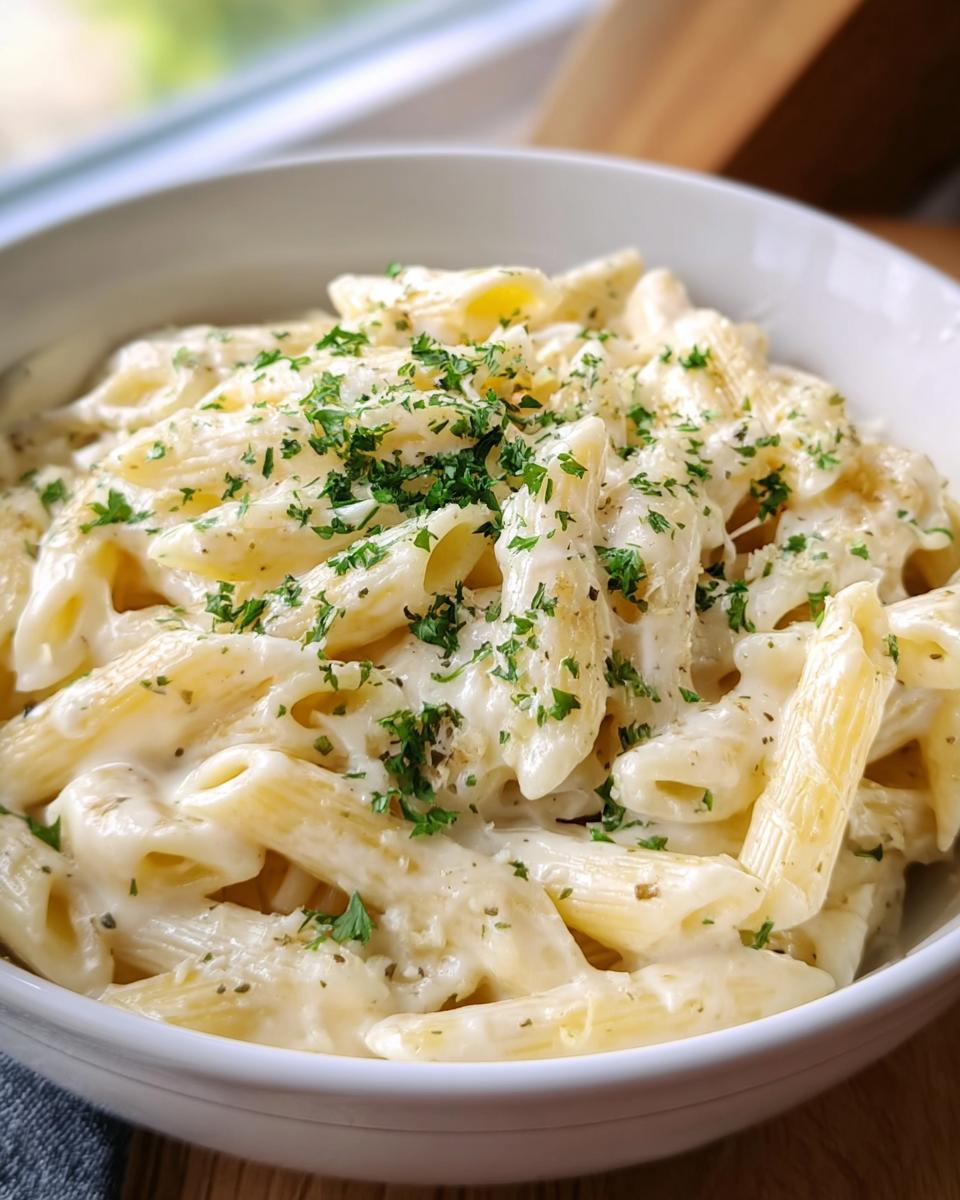 A close-up view of a white bowl filled with rich Creamy Garlic Penne Pasta, topped with fresh parsley.