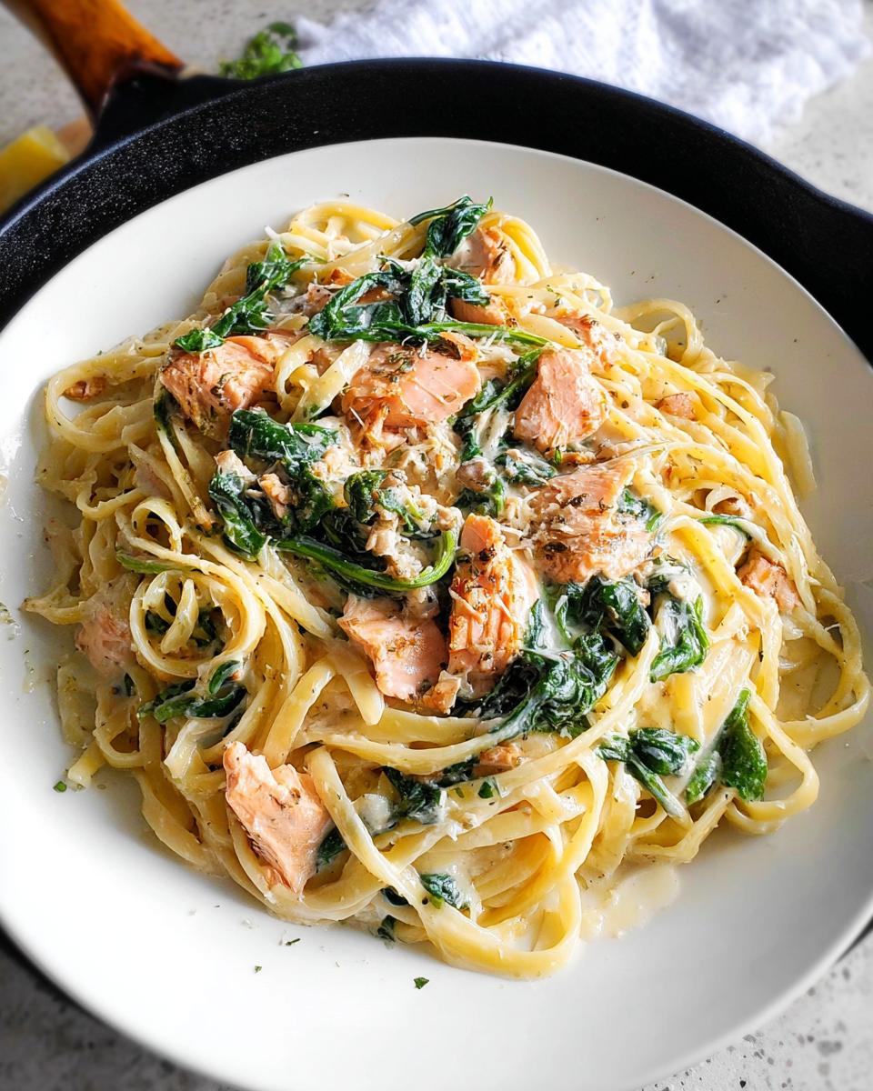 A white bowl filled with Creamy Garlic Salmon Pasta Skillet featuring fettuccine, pink salmon chunks, and wilted spinach.