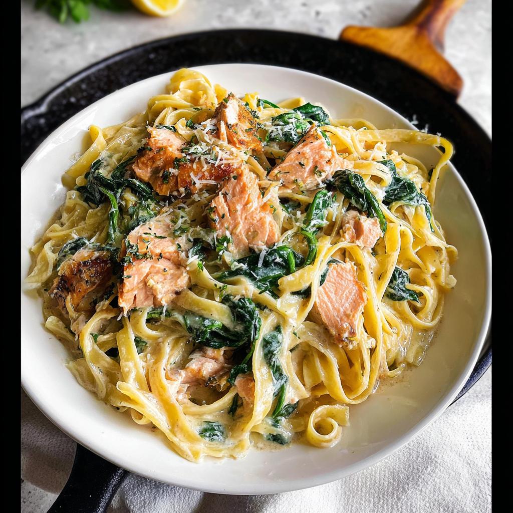 A white bowl filled with Creamy Garlic Salmon Pasta Skillet featuring fettuccine, flaked salmon, and wilted spinach.