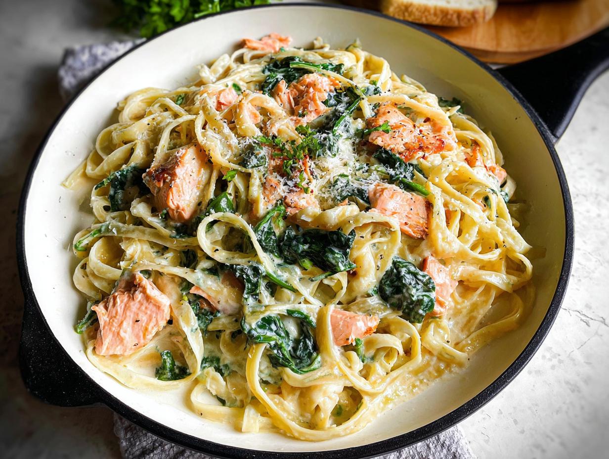 Close-up of Creamy Garlic Salmon Pasta Skillet featuring fettuccine, salmon chunks, and wilted spinach in a white skillet.