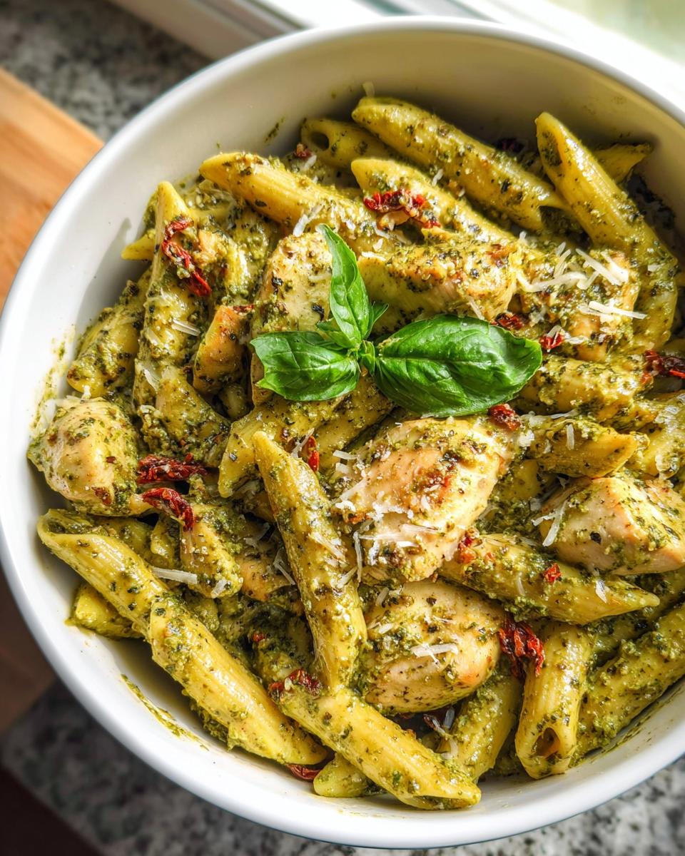 Overhead view of a white bowl filled with Creamy Pesto Chicken Pasta, garnished with sun-dried tomatoes and fresh basil.