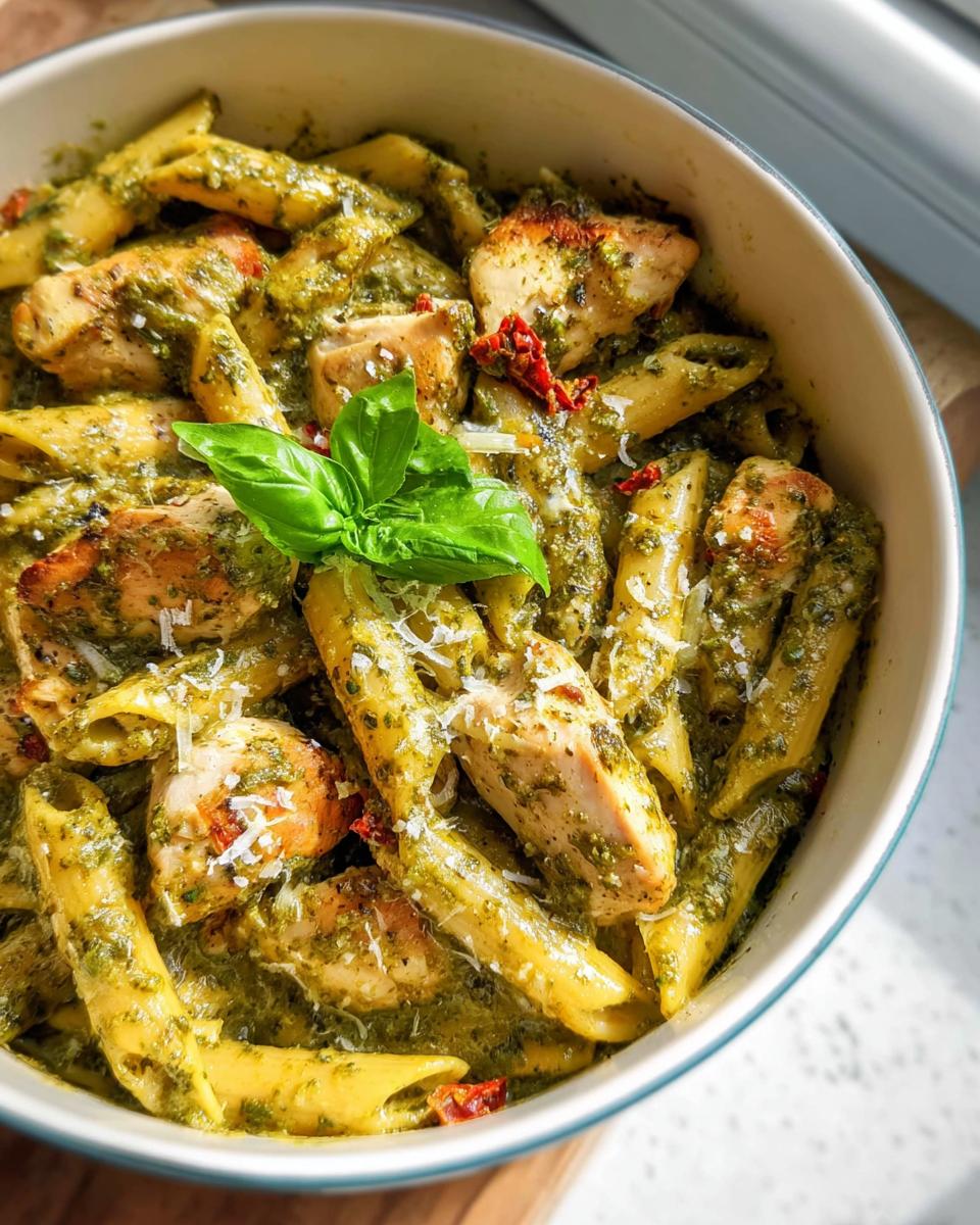 A bowl filled with creamy pesto chicken pasta, featuring penne, chunks of chicken, and topped with fresh basil.