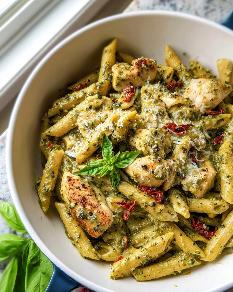 A close-up of a bowl filled with Creamy Pesto Chicken Pasta, featuring penne, grilled chicken pieces, and sun-dried tomatoes.