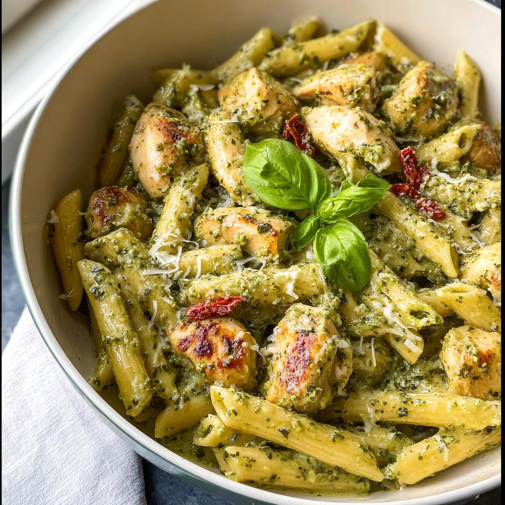 Close-up of a bowl filled with Creamy Pesto Chicken Pasta, featuring penne, chicken chunks, and fresh basil garnish.