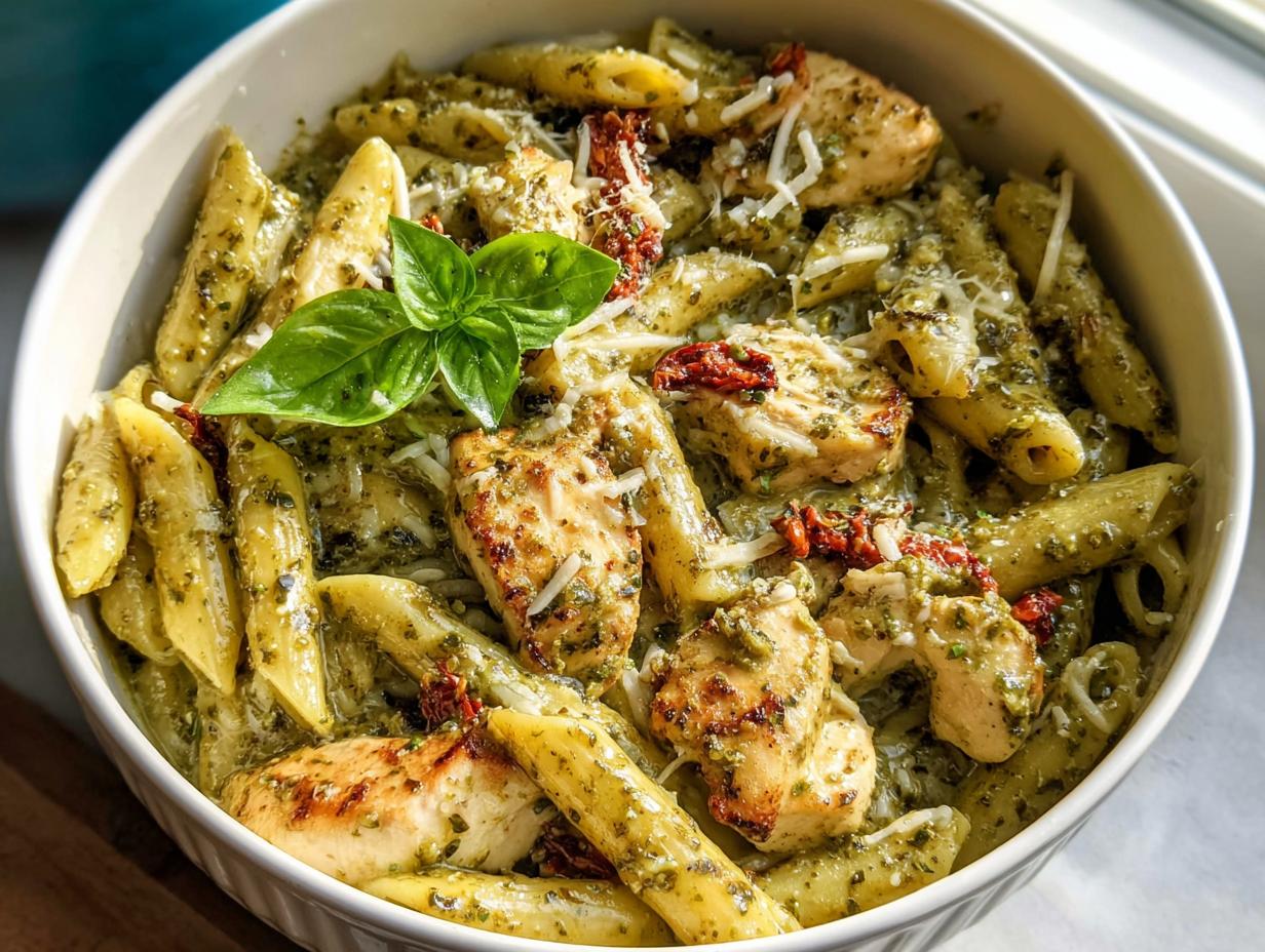 Close-up of a white bowl filled with Creamy Pesto Chicken Pasta, garnished with basil and Parmesan cheese.