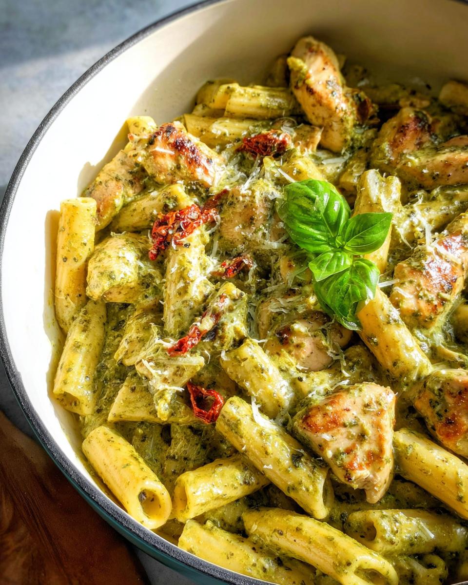 A close-up shot of Creamy Pesto Chicken Pasta featuring penne pasta, grilled chicken pieces, and sun-dried tomatoes.