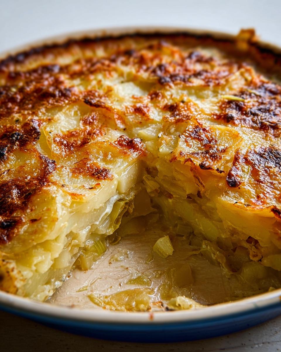 Close-up of a baked Creamy Potato Leek Gratin in a dish, showing layers of potatoes and leeks with a golden-brown, cheesy crust.