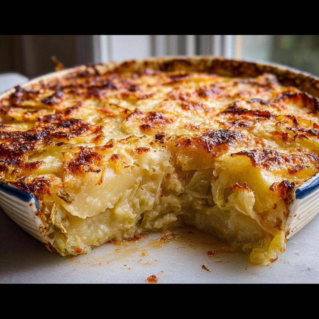 A close-up of a baked Creamy Potato Leek Gratin in a dish with a portion removed, showing the creamy interior and golden-brown cheesy top.