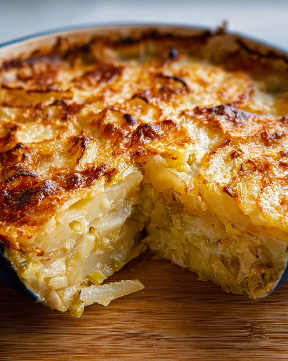 A close-up view of a slice taken from a Creamy Potato Leek Gratin, showing layers of potatoes and leeks under a golden, bubbly cheese crust.