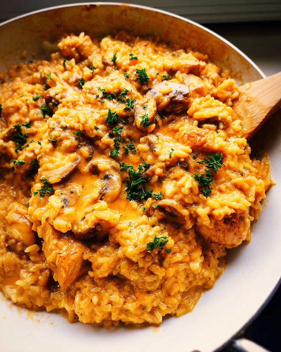 Close-up of creamy Smothered Chicken and Rice Skillet with mushrooms and parsley garnish.