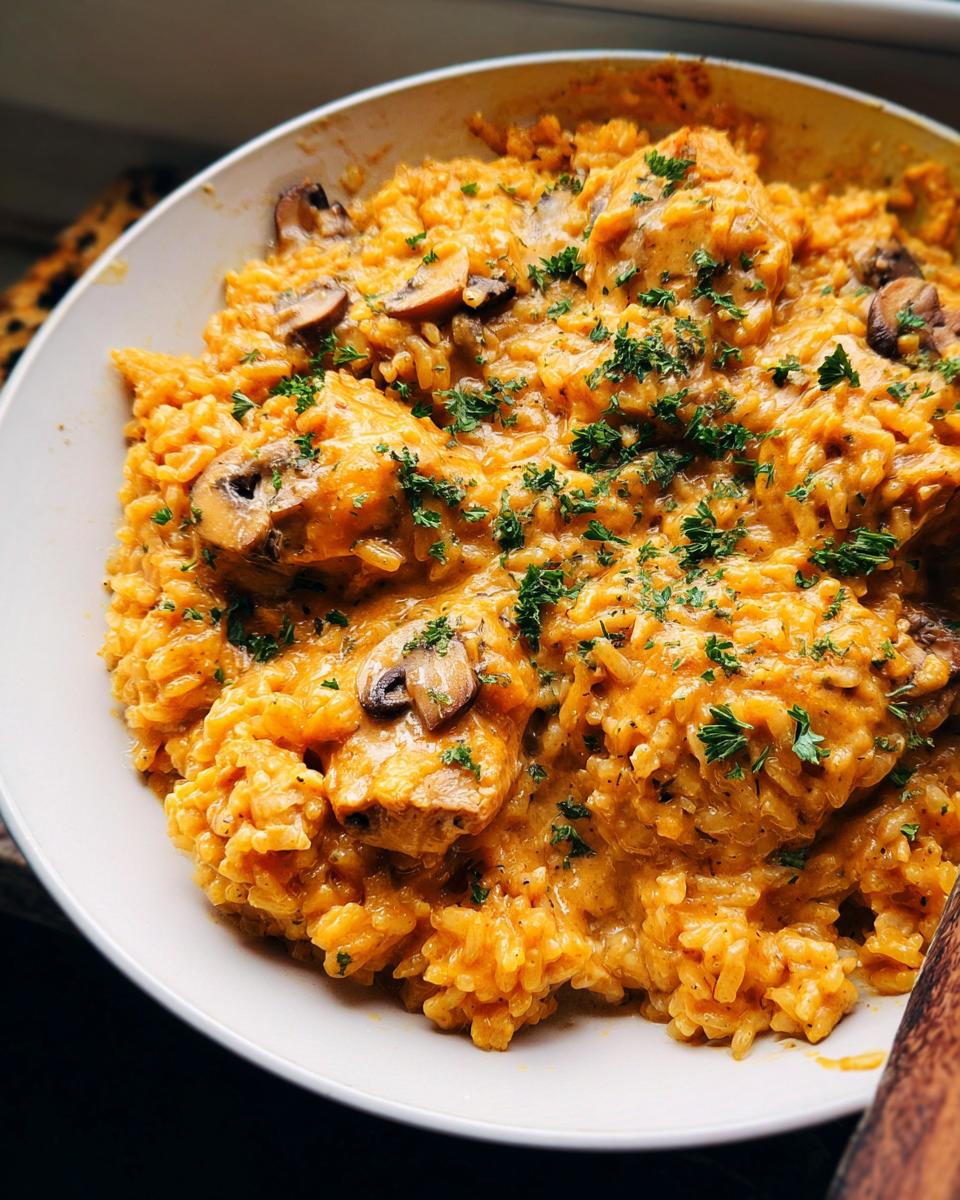 Close-up of creamy Smothered Chicken and Rice Skillet topped with sliced mushrooms and fresh parsley.