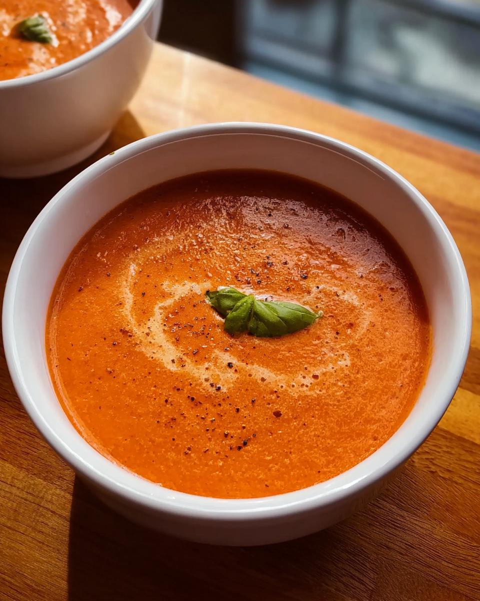 Close-up of a bowl of vibrant orange Creamy Tomato Basil Soup, garnished with cream swirl and a fresh basil leaf.