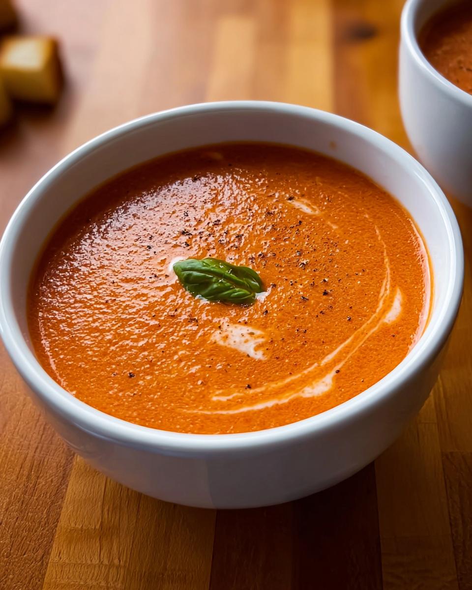 Close-up of a white bowl filled with vibrant orange Creamy Tomato Basil Soup, garnished with a basil leaf and cracked pepper.