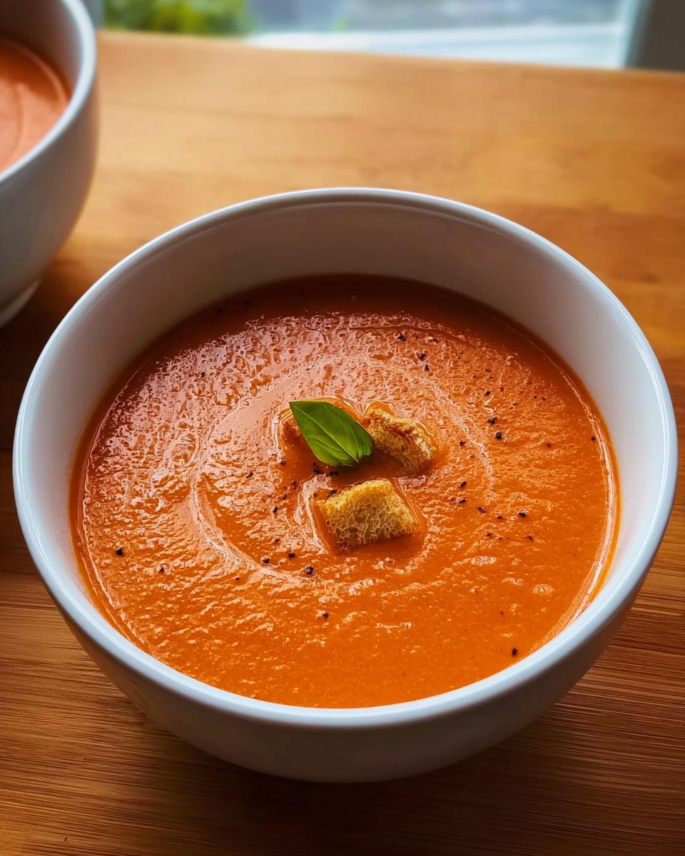 A close-up of a white bowl filled with bright orange Creamy Tomato Basil Soup, garnished with croutons and a basil leaf.