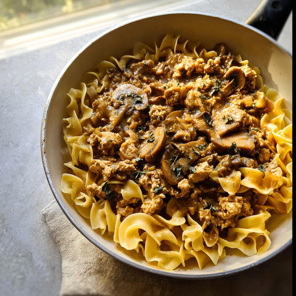 Close-up of Creamy Turkey Stroganoff with mushrooms served over wide egg noodles in a skillet.
