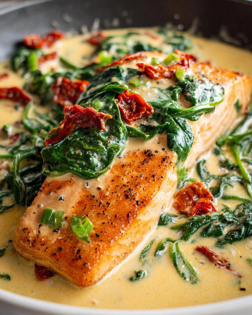 Close-up of a seared salmon fillet topped with spinach and sun-dried tomatoes in a rich sauce for Creamy Tuscan Salmon with Spinach.