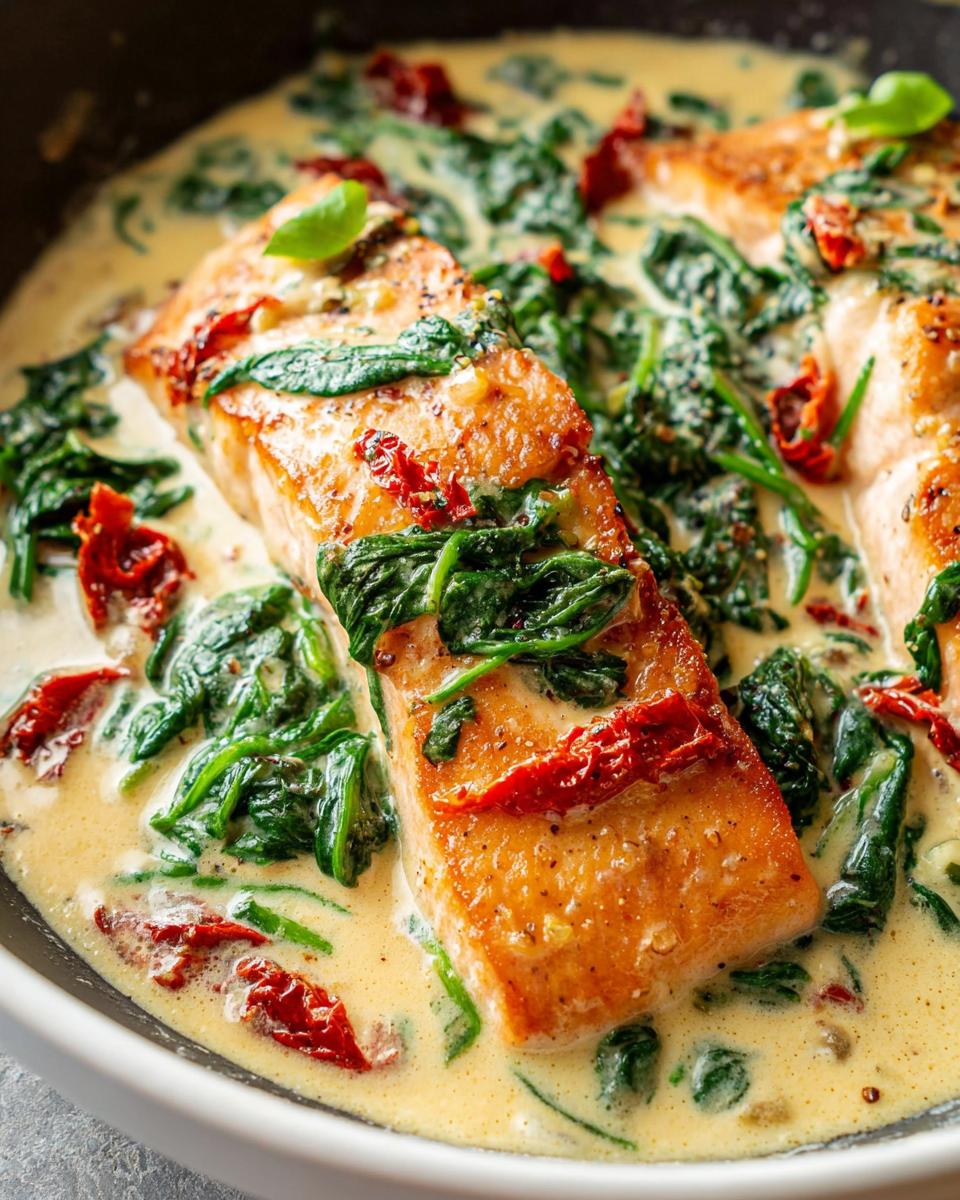 Close-up of seared salmon fillet submerged in a rich, creamy sauce with wilted spinach and sun-dried tomatoes, part of the Creamy Tuscan Salmon with Spinach.