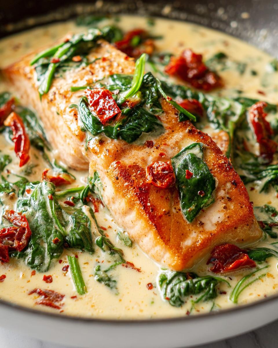 Close-up of a perfectly seared salmon fillet swimming in a rich, creamy sauce with wilted spinach and sun-dried tomatoes for Creamy Tuscan Salmon with Spinach.