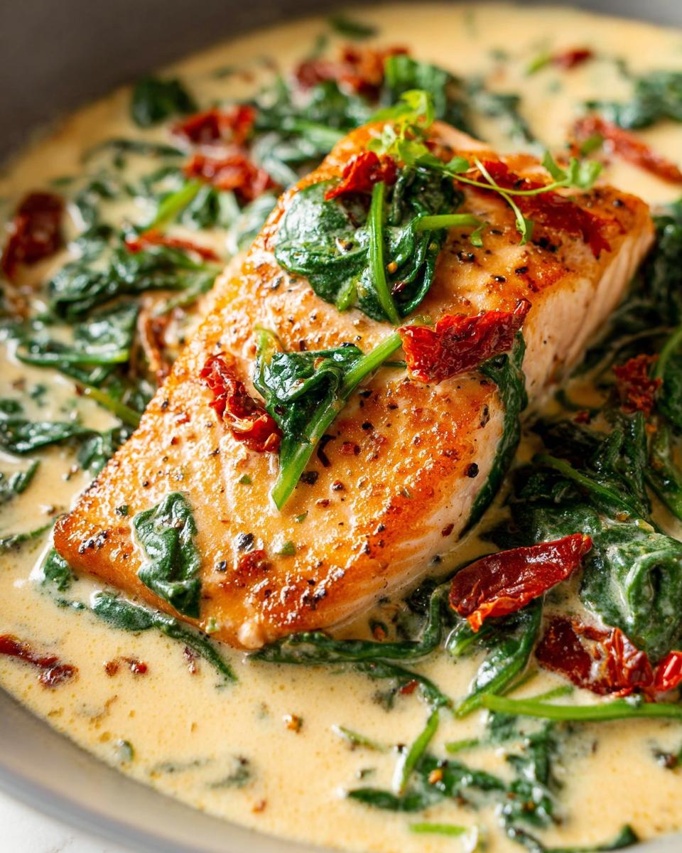A perfectly seared salmon fillet rests in a rich, creamy sauce with wilted spinach and sun-dried tomatoes: Creamy Tuscan Salmon with Spinach.