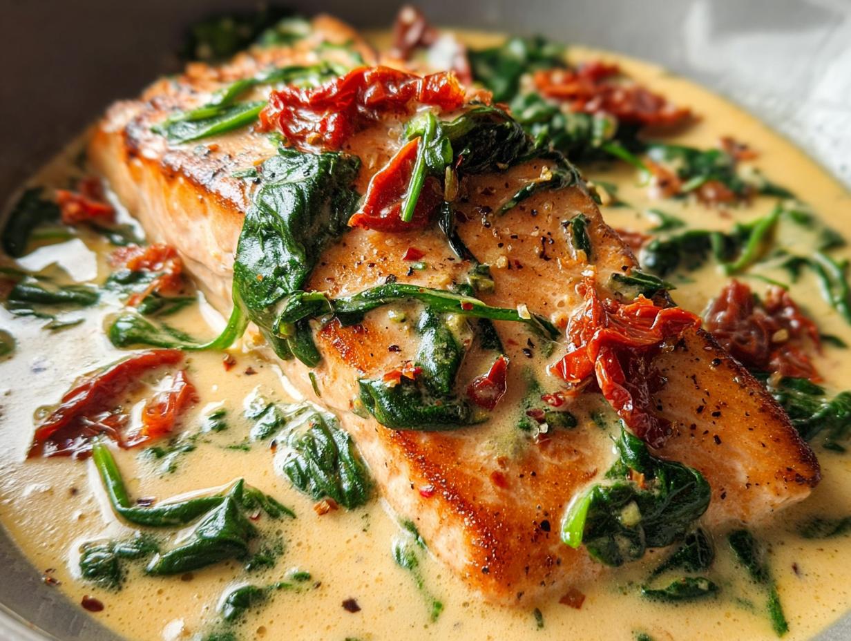 5 Minute Creamy Tuscan Salmon with Spinach