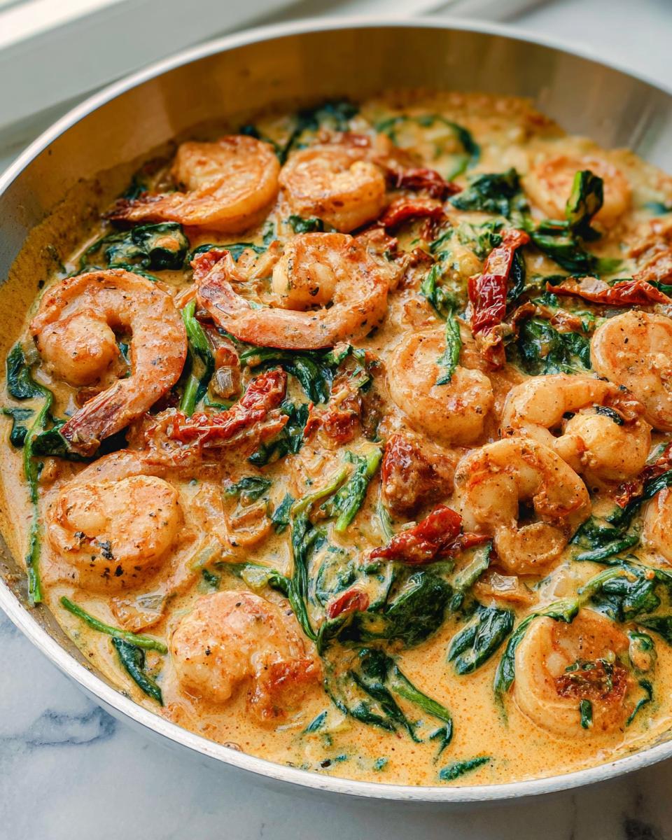Close-up of perfectly cooked shrimp nestled in a rich, creamy sauce with wilted spinach and sun-dried tomatoes in a stainless steel pan, showcasing Creamy Tuscan Shrimp and Spinach.