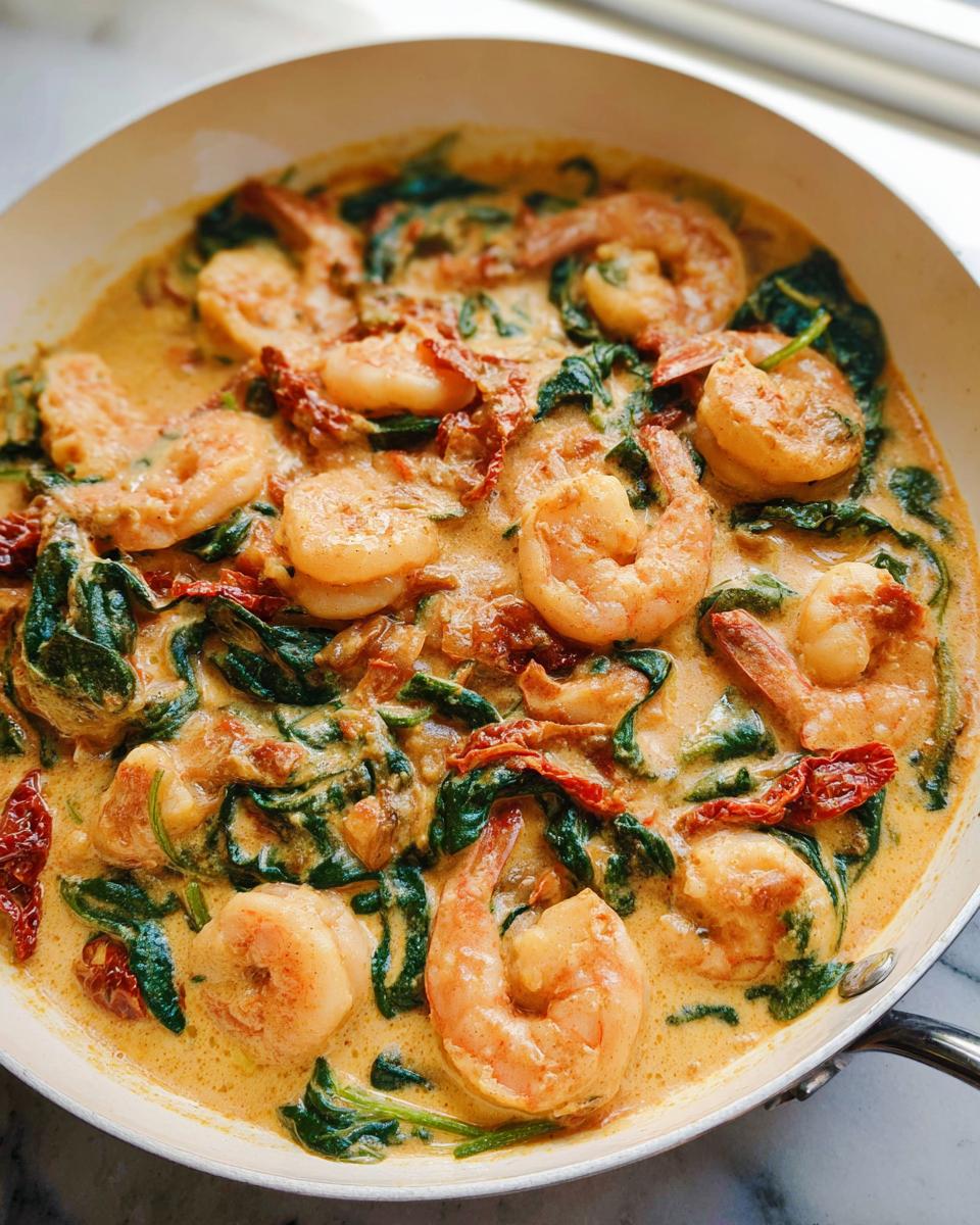 Close-up of Creamy Tuscan Shrimp and Spinach cooking in a white skillet with sun-dried tomatoes.