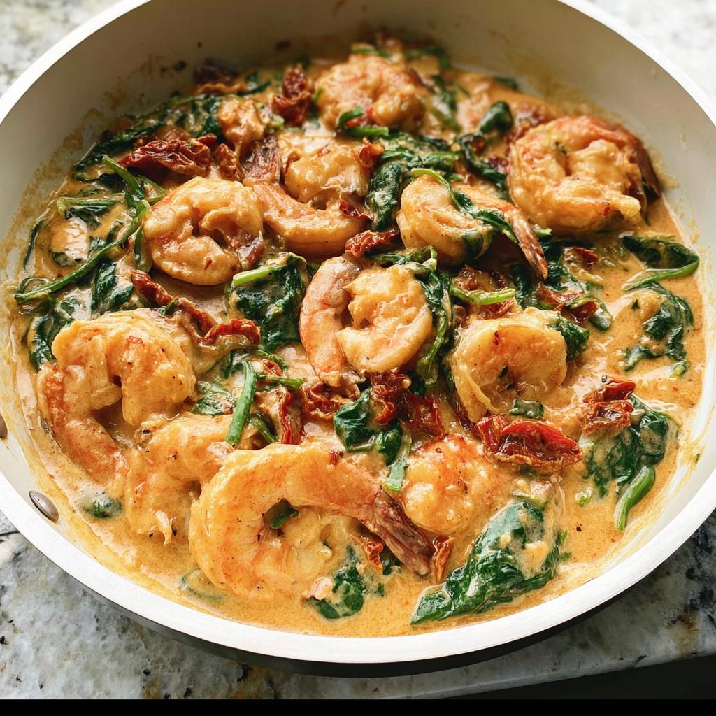 Close-up of plump shrimp swimming in a rich, creamy sauce with wilted spinach and sun-dried tomatoes in a white skillet, featuring Creamy Tuscan Shrimp and Spinach.