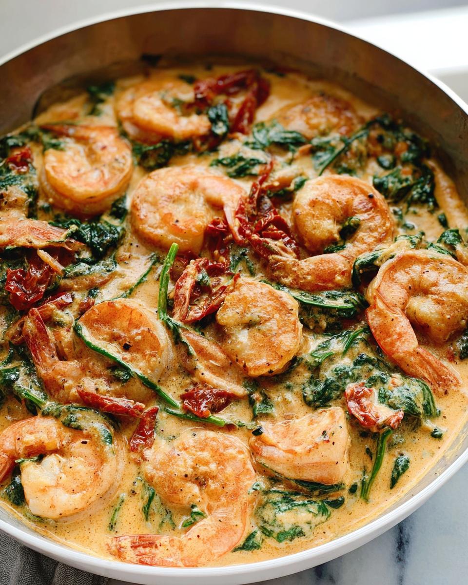 Close-up of succulent shrimp swimming in a rich, creamy sauce with spinach and sun-dried tomatoes: Creamy Tuscan Shrimp and Spinach.