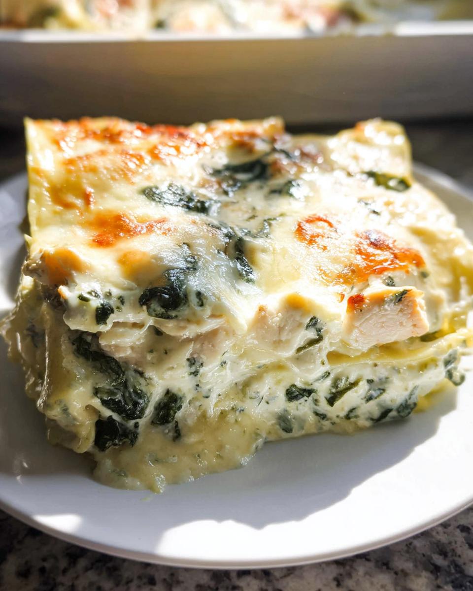 A close-up of a generous slice of Creamy White Chicken Spinach Lasagna with melted, browned cheese on top.