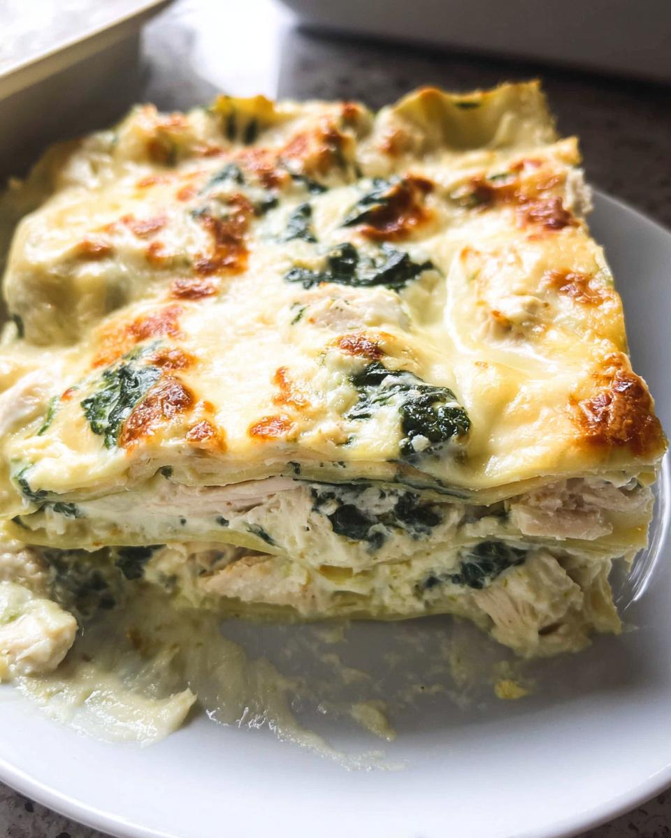 A generous slice of Creamy White Chicken Spinach Lasagna showing layers of pasta, chicken, spinach, and creamy sauce with a browned cheese top.