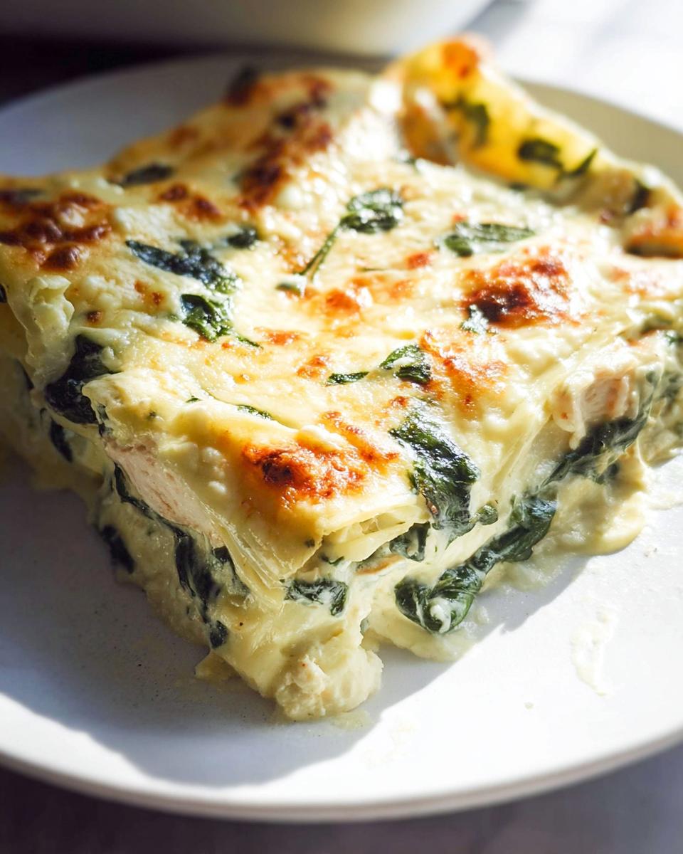 Close-up of a serving of Creamy White Chicken Spinach Lasagna with a golden-brown cheesy top.