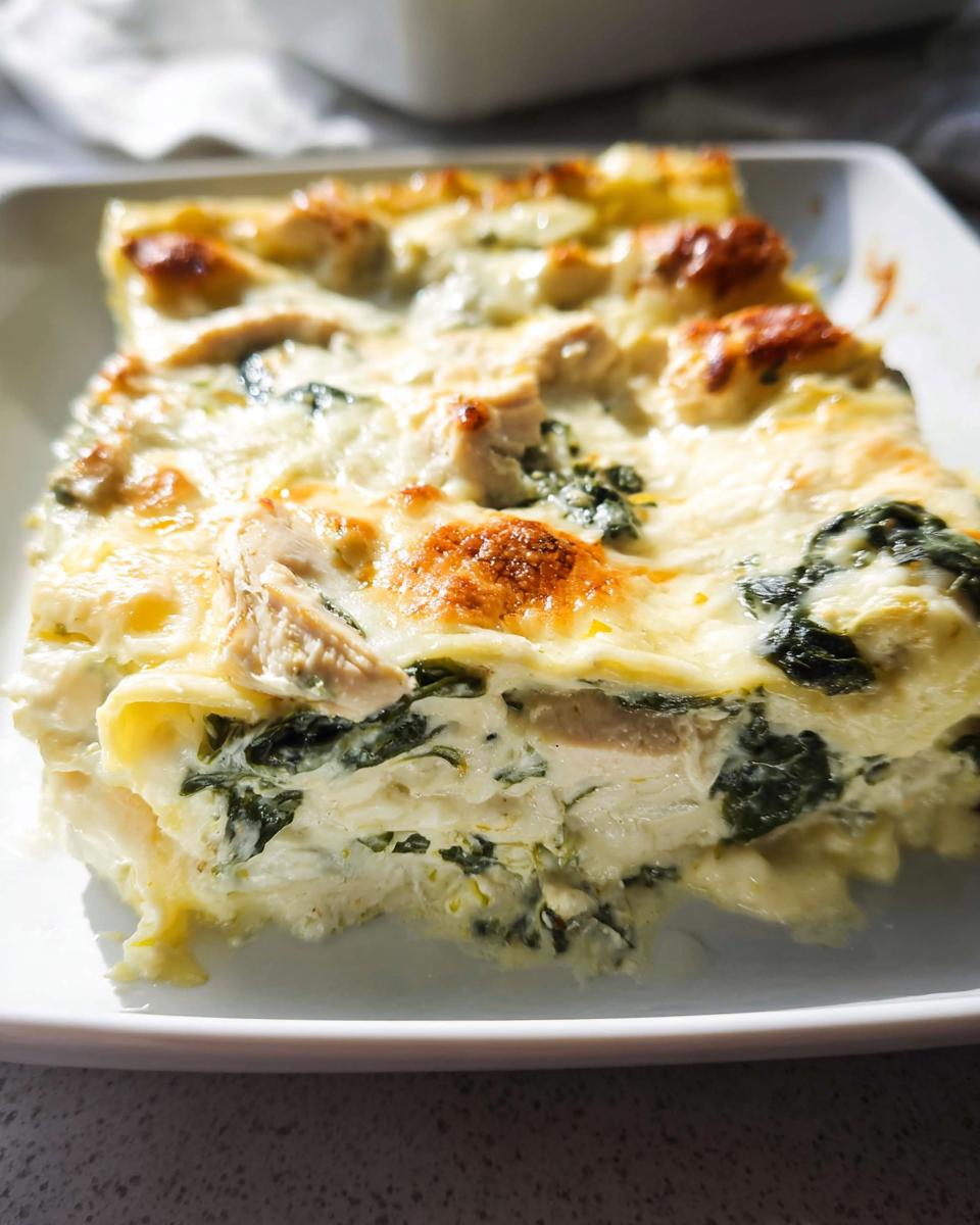 Close-up of a serving of Creamy White Chicken Spinach Lasagna with golden-brown cheese topping.