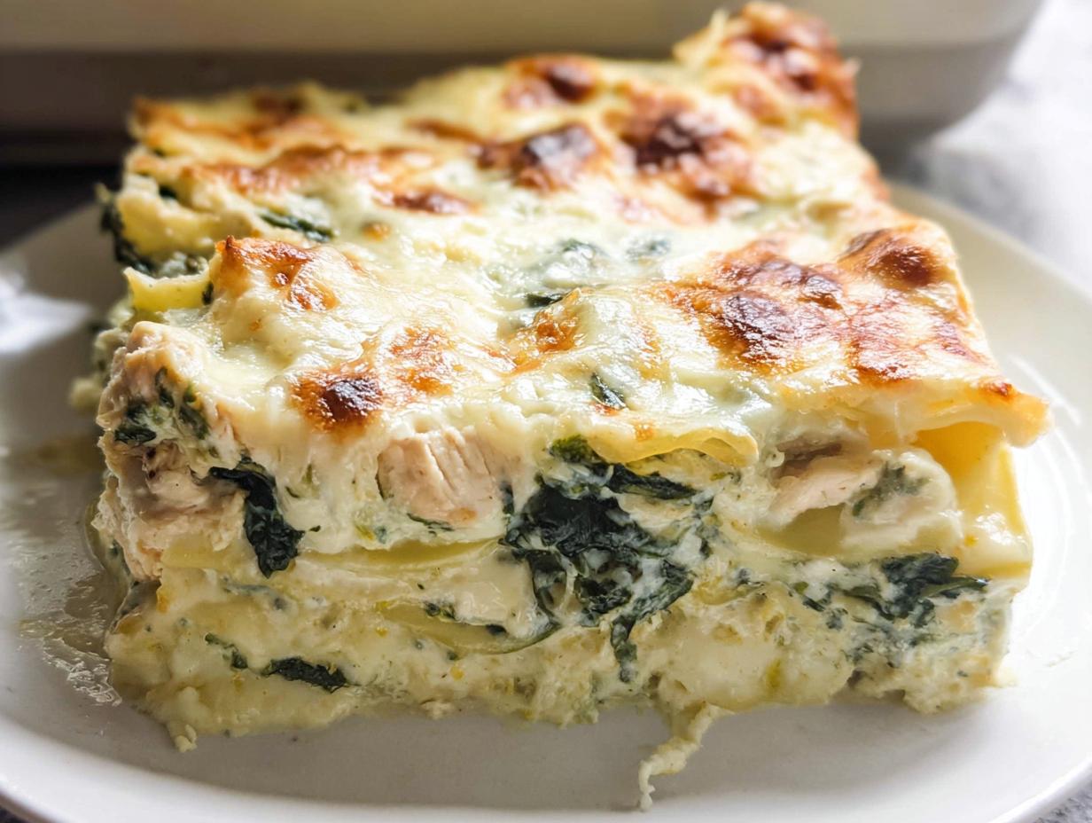 A close-up of a hearty slice of Creamy White Chicken Spinach Lasagna with a golden, bubbly cheese topping.