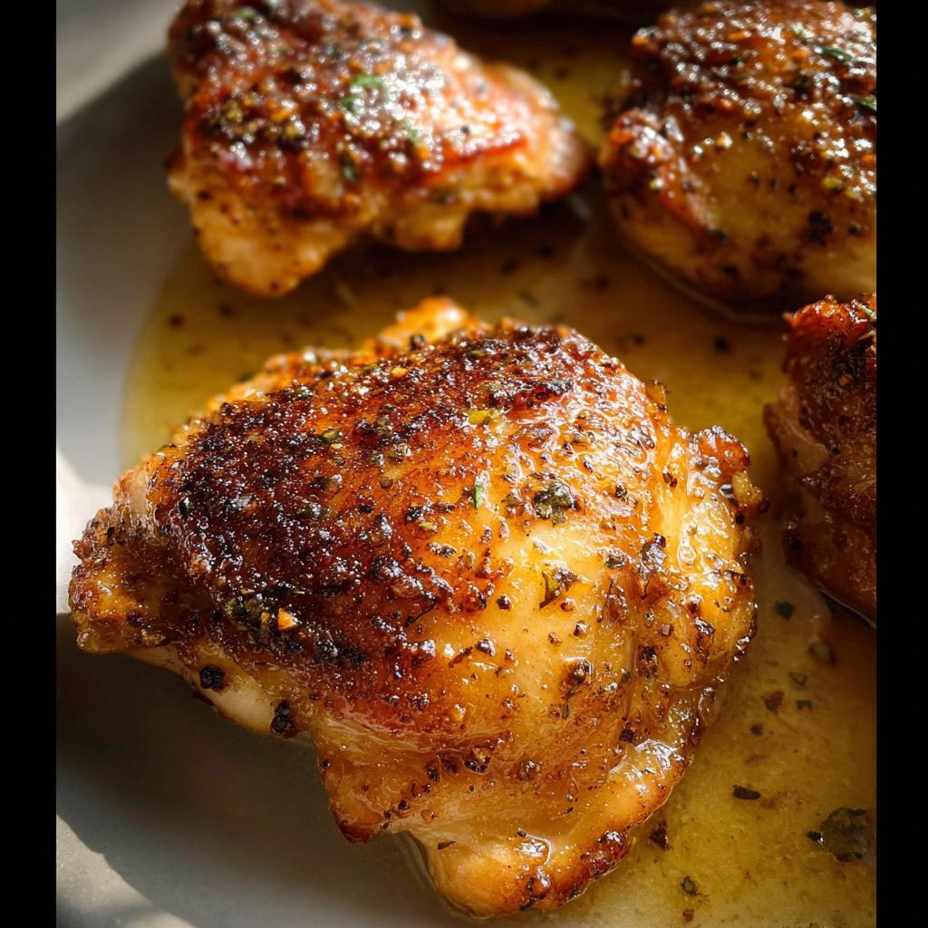 Close-up of golden brown, seasoned Crispy Baked Garlic Chicken Thighs glistening in pan juices.