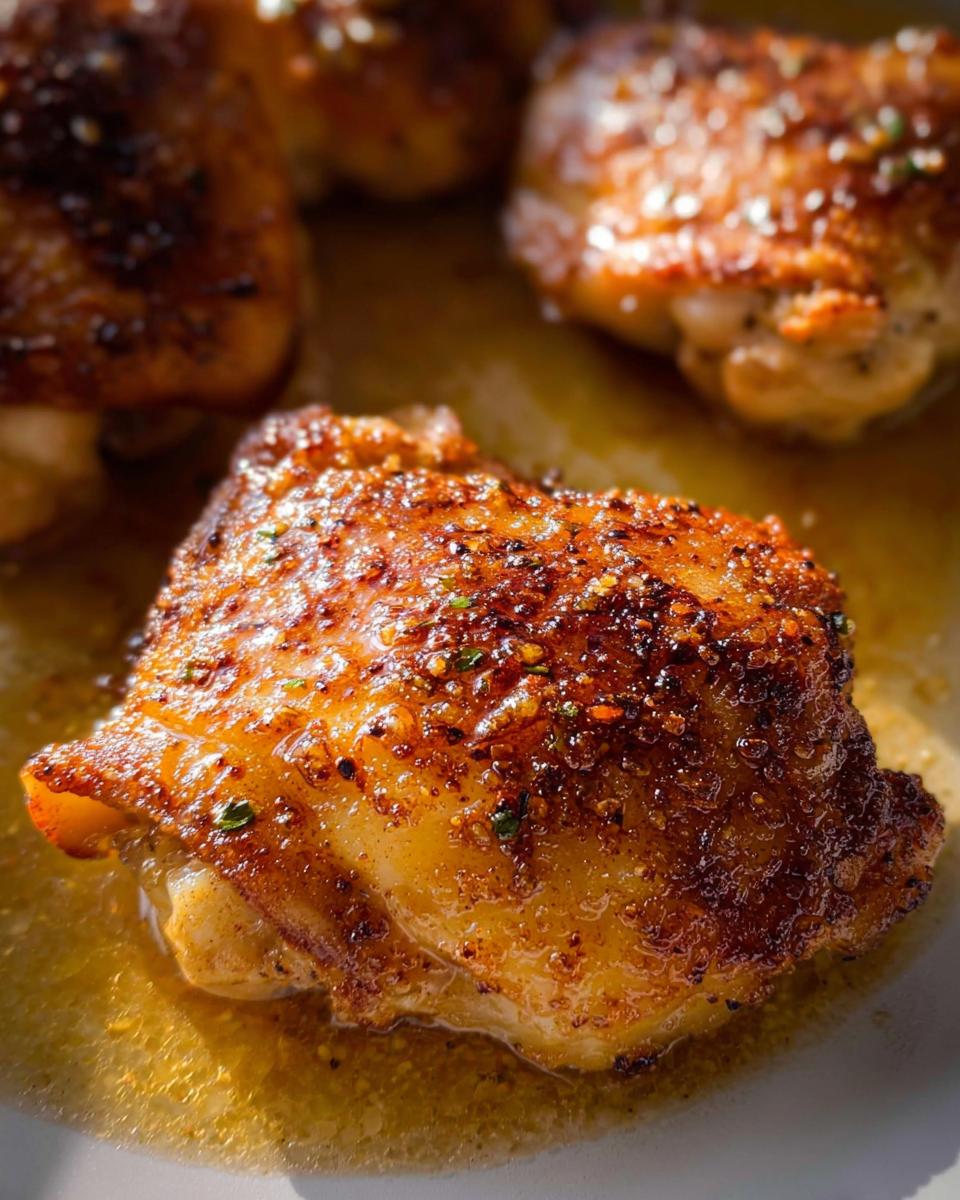 Close-up of a perfectly golden and crispy baked garlic chicken thigh resting in pan juices.