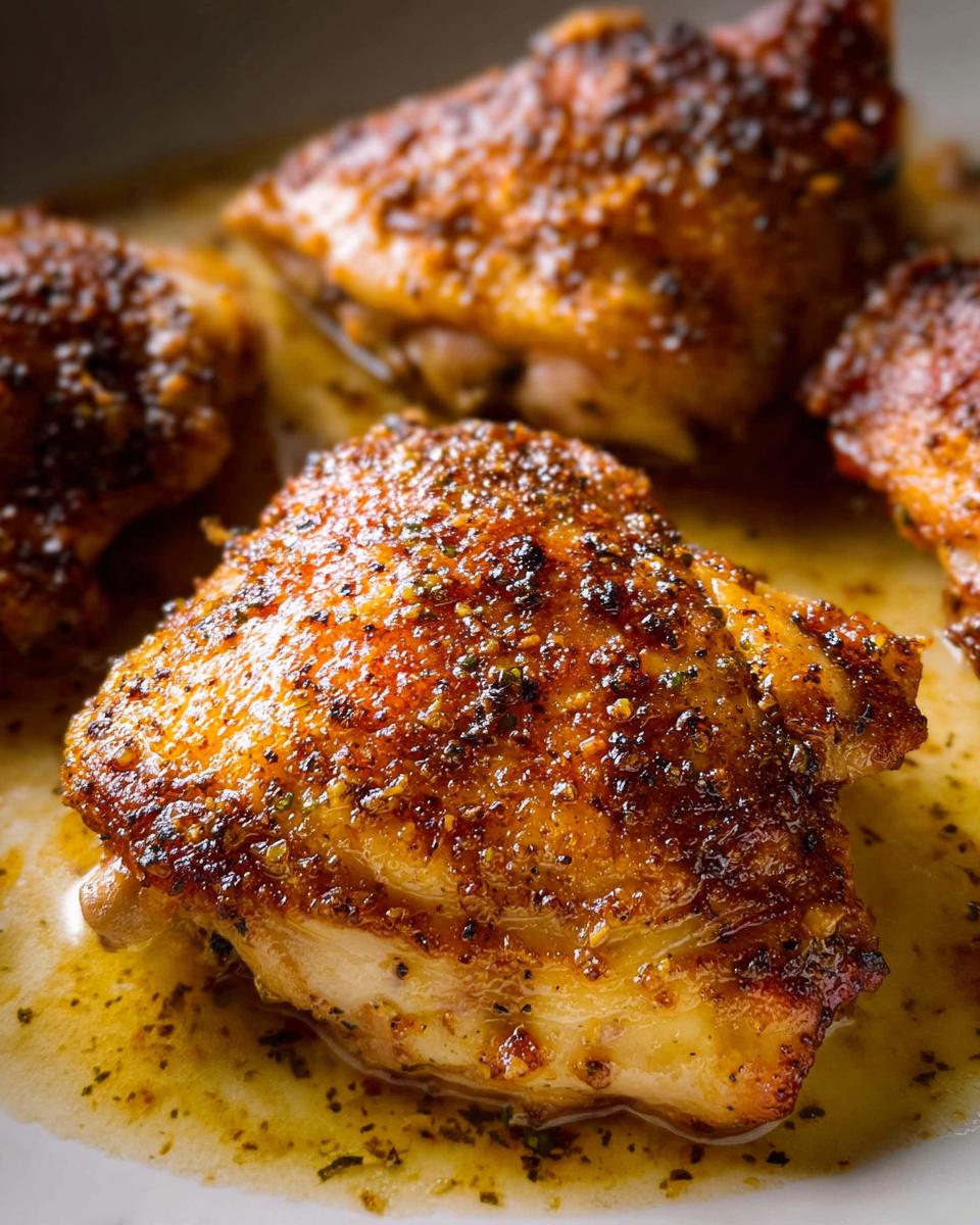 Close-up of perfectly cooked Crispy Baked Garlic Chicken Thighs with a seasoned, golden-brown crust sitting in pan juices.
