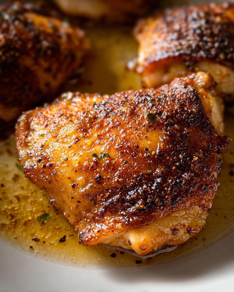 Close-up of a perfectly cooked piece of Crispy Baked Garlic Chicken Thighs with a dark, seasoned, and glistening skin resting in pan juices.