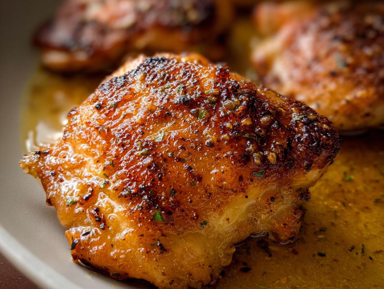 Macro shot of a perfectly cooked, crispy baked garlic chicken thighs with a golden-brown, seasoned skin resting in pan juices.