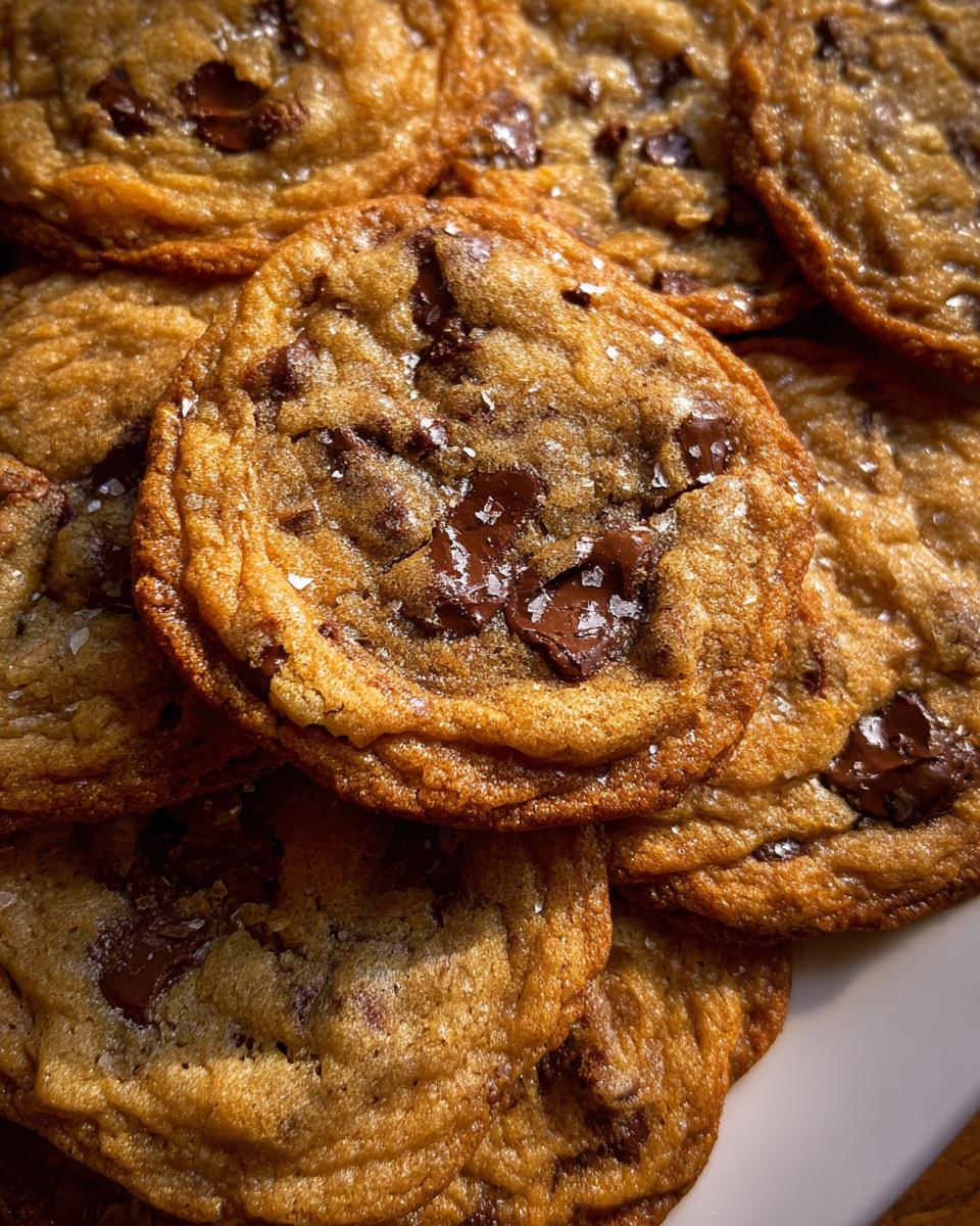 A close-up pile of freshly baked Crispy Chewy Thin Chocolate Chip Cookies sprinkled with sea salt.