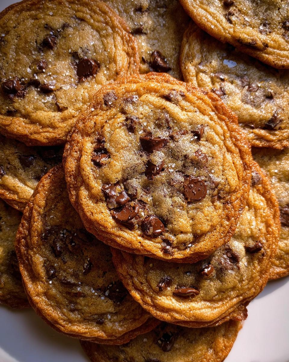 A close-up pile of golden brown Crispy Chewy Thin Chocolate Chip Cookies sprinkled with sea salt.