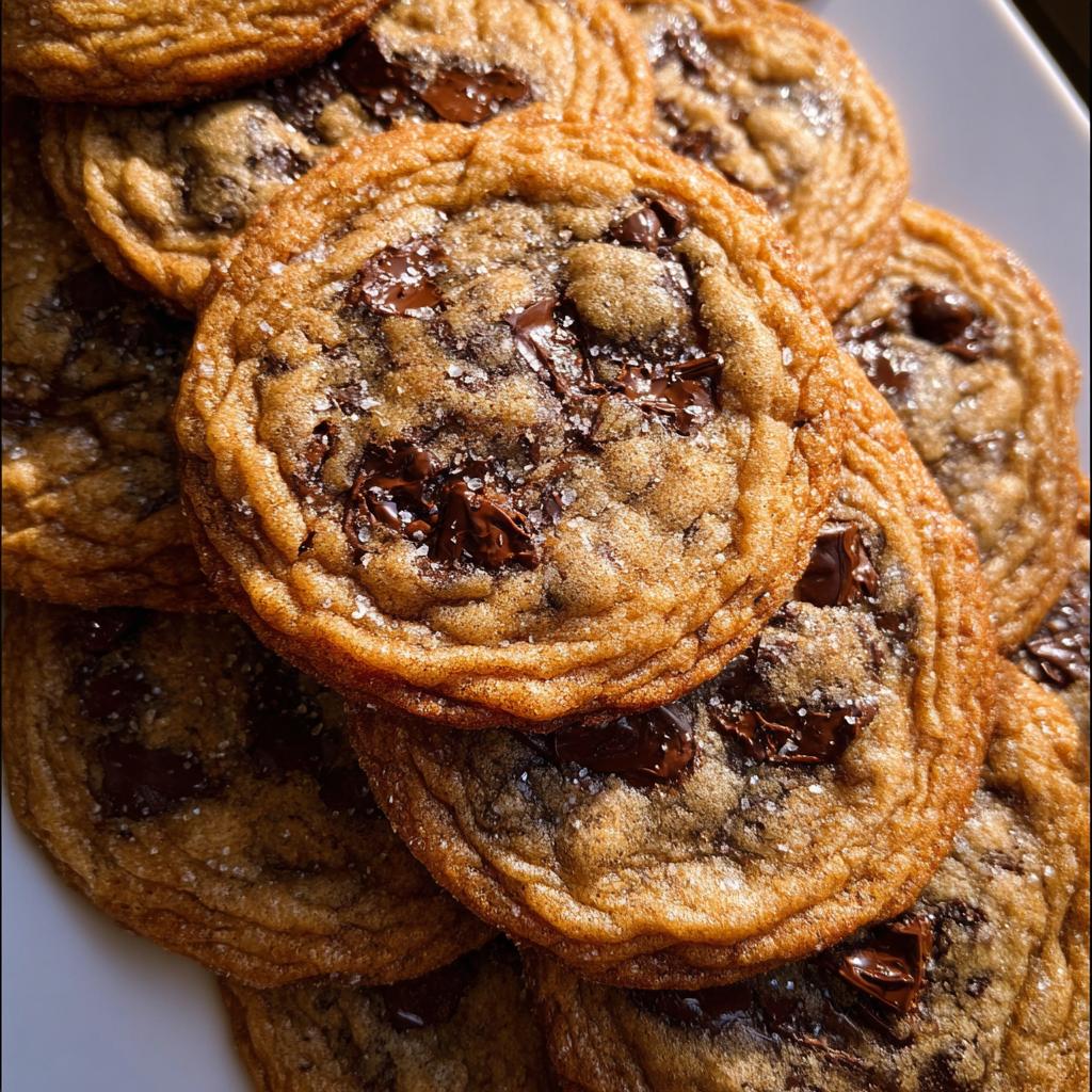 A stack of freshly baked Crispy Chewy Thin Chocolate Chip Cookies topped with melted chocolate chunks and sea salt.